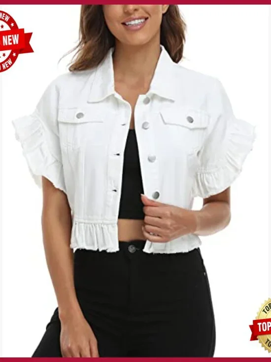 Cropped Denim Jacket with Ruffle Sleeves, Distressed Hem, Fitted Fit - Picture 5 of 7